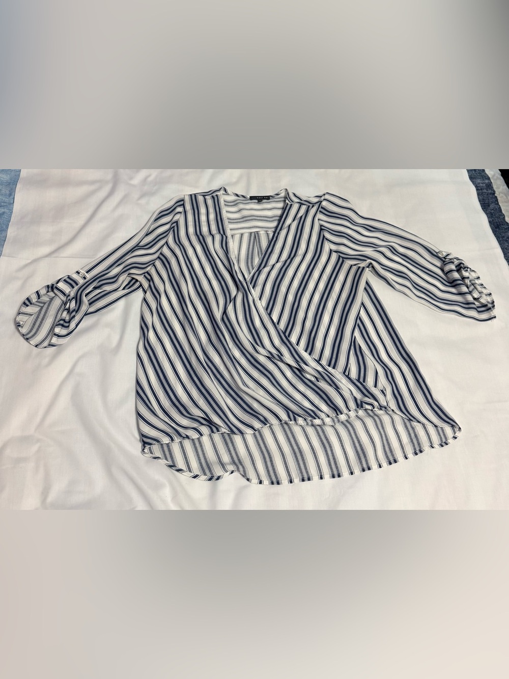 West Kel Women’s size Large Striped Navy and White Wrap Blouse - Women